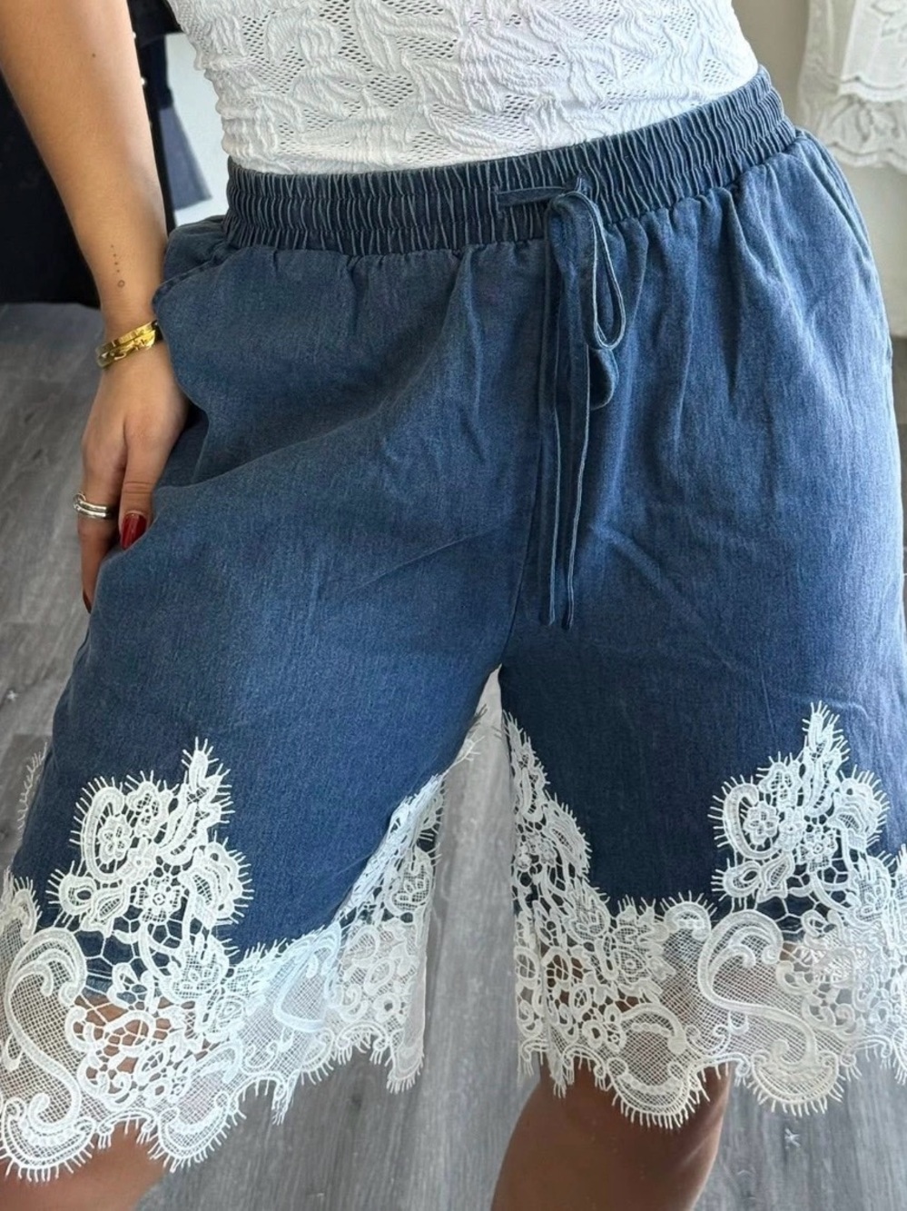 Pastels Women’s Blue Denim Lace-Trim Drawstring Bermudas